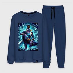 Костюм хлопковый мужской Jotaro Kujo - neon glow ai art, цвет: тёмно-синий