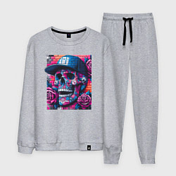 Костюм хлопковый мужской Череп в бейсболке - граффити, цвет: меланж