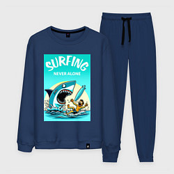 Костюм хлопковый мужской Surfing never alone - shark and surfer, цвет: тёмно-синий