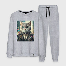 Костюм хлопковый мужской Прикольный котик фанат тяжёлого рока - нейросеть, цвет: меланж