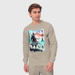 Костюм хлопковый мужской Warrior samurai - ai art watercolor, цвет: миндальный — фото 2