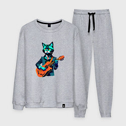 Костюм хлопковый мужской Кот с гитарой киберпанк, цвет: меланж