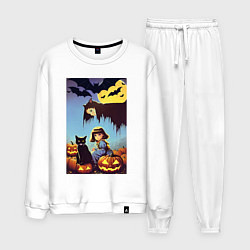 Костюм хлопковый мужской Ведьма зависла над девочкой и котом, цвет: белый