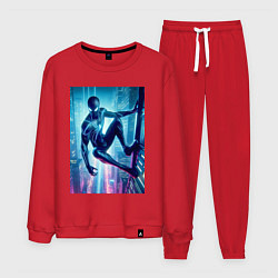 Костюм хлопковый мужской Чувак-паук висит на стене небоскрёба, цвет: красный