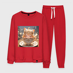 Костюм хлопковый мужской Кошечка с короной в чашке, цвет: красный