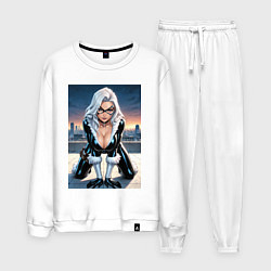 Костюм хлопковый мужской Черная кошка на крыше небоскреба, цвет: белый