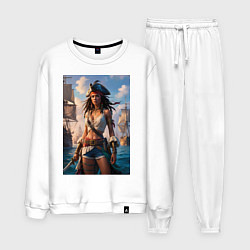 Мужской костюм Пиратка на фона флотилии кораблей