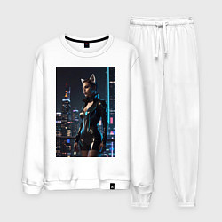 Мужской костюм Девушка с кошачьими ушами стоит на фоне небоскребо