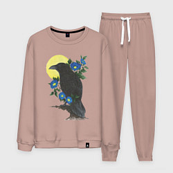 Мужской костюм Чёрный ворон на ветке под луной среди синих цветов