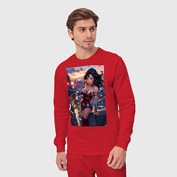 Костюм хлопковый мужской Чудо-женщина с городским фоном в стиле комиксов, цвет: красный — фото 2