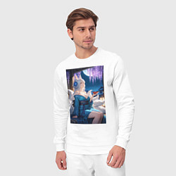 Костюм хлопковый мужской Лисица в кимоно любуется цветением глицинии, цвет: белый — фото 2