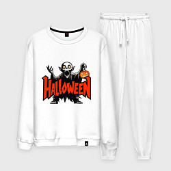 Костюм хлопковый мужской Вампир с надписью halloween, цвет: белый