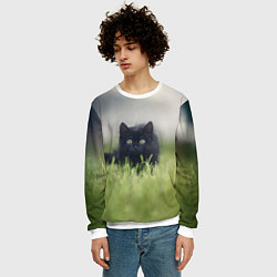 Свитшот мужской Черный кот на лугу, цвет: 3D-белый — фото 2