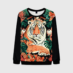 Свитшот мужской Огненный Тигр в Цветах, цвет: 3D-черный