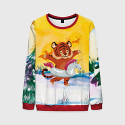 Свитшот мужской Тигренок бежит купаться в круге, цвет: 3D-красный
