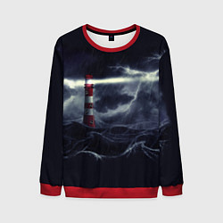 Свитшот мужской Маяк и штормовое море в ночи, цвет: 3D-красный