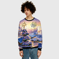 Свитшот мужской Новогодняя елочка в деревне, цвет: 3D-черный — фото 2