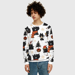 Свитшот мужской Черные котики новогодний узор, цвет: 3D-белый — фото 2