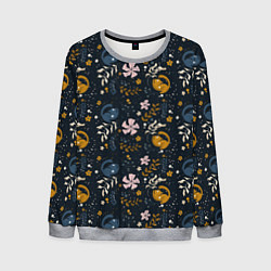 Свитшот мужской Растительный паттерн с котиками, цвет: 3D-меланж