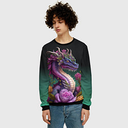 Свитшот мужской Неоновый дракон с цветами, цвет: 3D-черный — фото 2