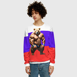 Свитшот мужской Накаченный медведь на Российском флаге, цвет: 3D-белый — фото 2