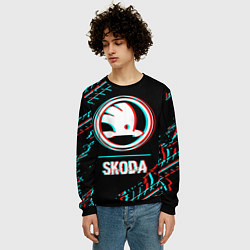 Свитшот мужской Значок Skoda в стиле glitch на темном фоне, цвет: 3D-черный — фото 2