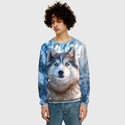 Свитшот мужской Хаски с голубыми глазами в зимнем лесу, цвет: 3D-меланж — фото 2