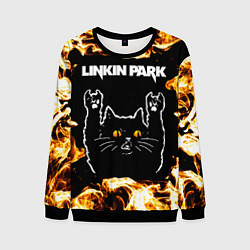 Свитшот мужской Linkin Park рок кот и огонь, цвет: 3D-черный