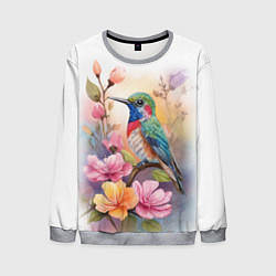 Свитшот мужской Колибри и цветы - акварель, цвет: 3D-меланж