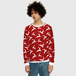 Свитшот мужской Красный паттерн с новогодними оленями, цвет: 3D-белый — фото 2