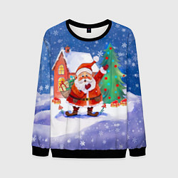 Свитшот мужской Дед Мороз с мешком и елкой, цвет: 3D-черный