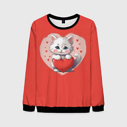 Свитшот мужской Мультяшный котенок держит красное сердечко, цвет: 3D-черный
