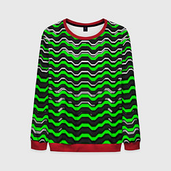 Свитшот мужской Белые и зелёные полосы на чёрном фоне, цвет: 3D-красный
