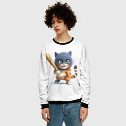 Свитшот мужской Прикольный котёнок с бейсбольной битой и в балакла, цвет: 3D-черный — фото 2