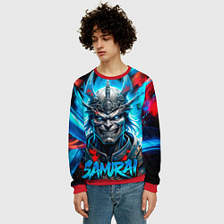 Свитшот мужской Самурай синий неоновый демон со светящимися глазам, цвет: 3D-красный — фото 2