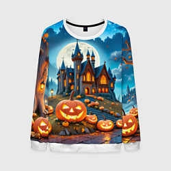 Свитшот мужской Ночь Хэллоуина тыквы и замок, цвет: 3D-белый