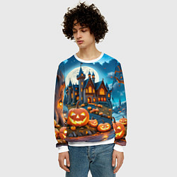 Свитшот мужской Ночь Хэллоуина тыквы и замок, цвет: 3D-белый — фото 2