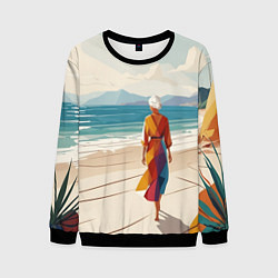 Свитшот мужской Летний пейзаж с женщиной на пляже, цвет: 3D-черный