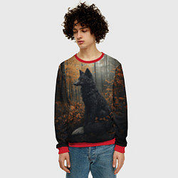 Свитшот мужской Черный лис в осеннем лесу, цвет: 3D-красный — фото 2