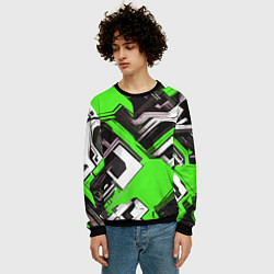 Свитшот мужской Бело-зелёный техно паттерн на чёрном фоне, цвет: 3D-черный — фото 2