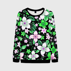 Свитшот мужской Зелёно-белые цветы на чёрном фоне, цвет: 3D-черный