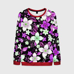 Свитшот мужской Фиолетово-белые цветы на чёрном фоне, цвет: 3D-красный