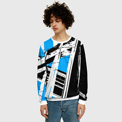 Свитшот мужской Чёрно-белые абстрактные линии на синем фоне, цвет: 3D-белый — фото 2