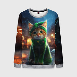 Свитшот мужской Зеленый новогодний котик, цвет: 3D-меланж