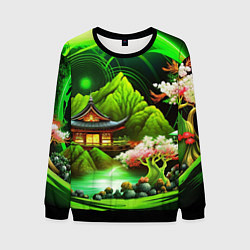 Мужской свитшот Природа Японии в зеленых цветах