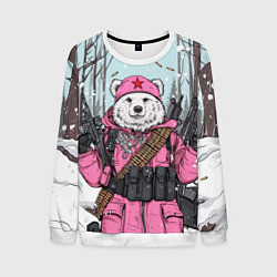Свитшот мужской Русский медведь в розовой куртке, цвет: 3D-белый