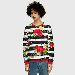 Свитшот мужской Красные розы на черных полосках, цвет: 3D-красный — фото 2