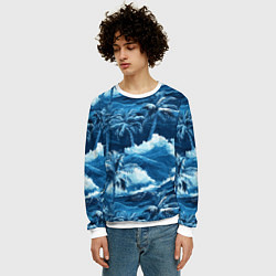 Свитшот мужской Пальмы и волны - голубые оттенки паттерн, цвет: 3D-белый — фото 2