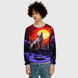 Свитшот мужской Белый волк воет на луну, цвет: 3D-меланж — фото 2