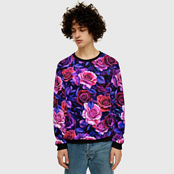 Свитшот мужской Разноцветные цветы - синие розы паттерн, цвет: 3D-черный — фото 2